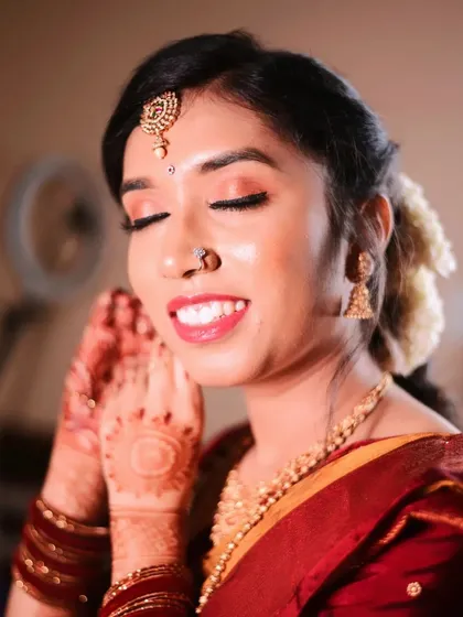 A happy bride is the best review. This close-up of Lavanya for her ring ceremony shows the glowing, natural-looking skin finish I achieve using high-quality products that feel comfortable.