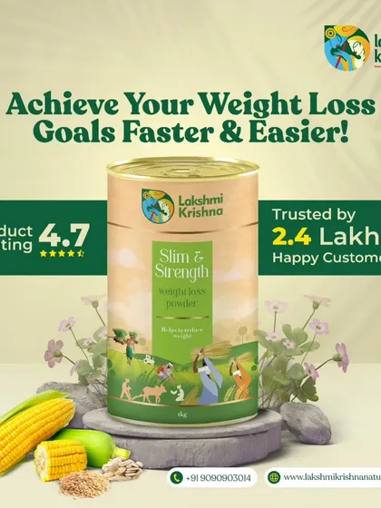 This graphic highlights the key selling points of our Slim & Strength powder. With a 4.7 product rating and the trust of over 2.4 lakh happy customers, it's a proven way to achieve your weight loss goals.