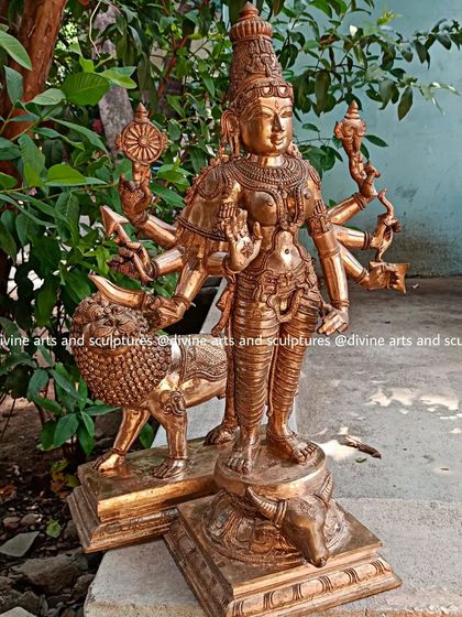 A Panchaloha icon of Sri Durga, created for a client in Singapore. The statue depicts her standing victorious over the buffalo demon Mahishasura.