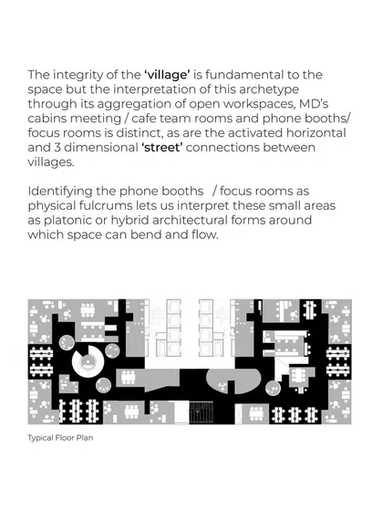 This floor plan for BCG HQ illustrates the 'village' concept, where open workspaces, cabins, and focus rooms are arranged around activated 'streets' to encourage fluid movement and interaction.