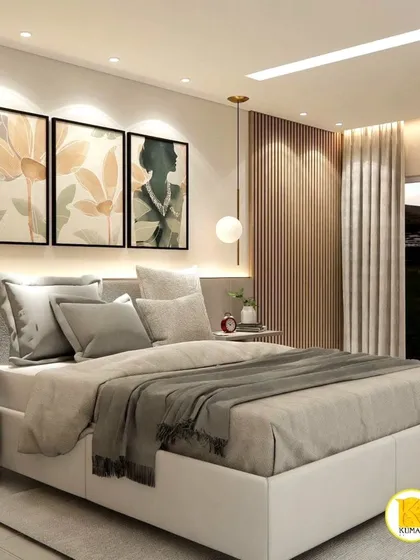 A full view of the bedroom, showcasing the comfortable bed and the stylish, contemporary design.