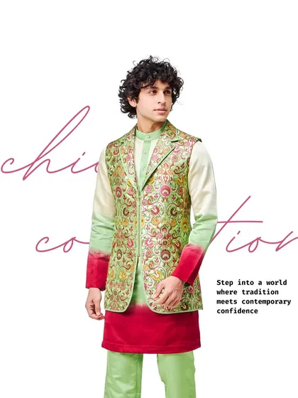 A journal of the finest sartorial styles. This ombre green and red kurta with an embroidered jacket is a curated piece that blends comfort with contemporary confidence.
