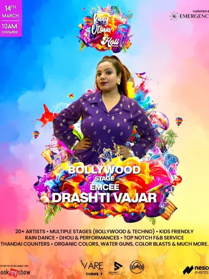 My official poster for the Bollywood Stage at Rang Utsaav Holi 2025. I was the chosen emcee for this massive event featuring over 20 artists and multiple stages.