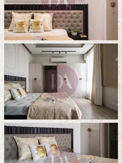 A collage showcasing different angles of a luxurious master bedroom. The design features a tufted headboard, elegant white wardrobes, and gold-accented cushions, creating a cohesive and sophisticated look.
