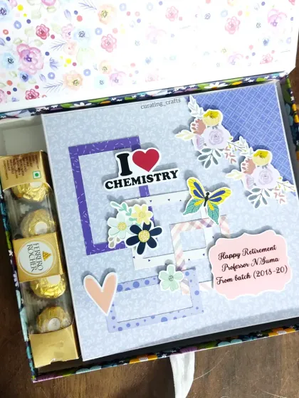 I love a creative challenge. This scrapbook was designed for a retiring chemistry professor, complete with "I Love Chemistry" details and even some Ferrero Rocher chocolates tucked inside the gift box for an extra sweet surprise.