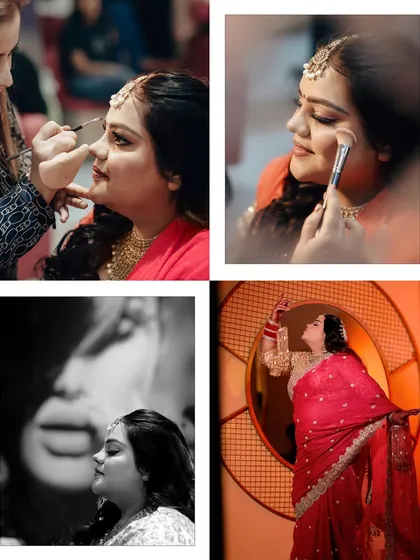 A behind-the-scenes collage of the bride getting ready, capturing the transformation process.