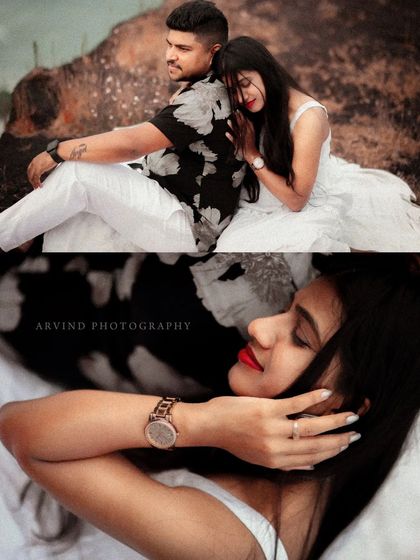 A collage capturing the intimate and serene moments of a couple's pre-wedding shoot on a clifftop overlooking the sea.