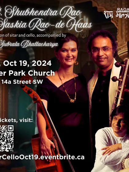 A poster for our "union of sitar and cello" concert in Calgary. We are always excited to share this special musical partnership.