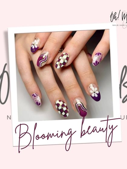 Where creativity blossoms. This unique set features a mix of hand-painted flowers, a checkered pattern, and abstract swirls in a striking purple and white colour palette.