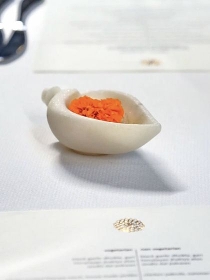 A small, elegant amuse-bouche served in a custom ceramic dish, placed next to our menu. It’s the first hint of the culinary journey to come.