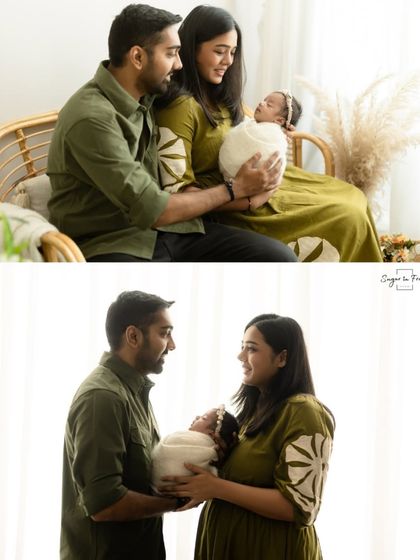A two-photo collage showing a full family portrait and a more intimate shot of the parents holding their newborn, demonstrating different compositions.