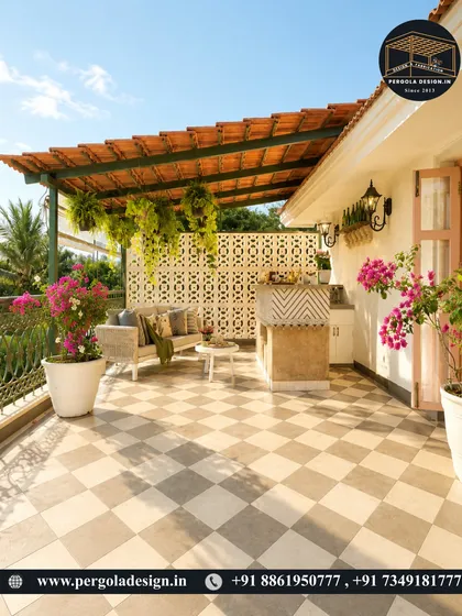 A sun-drenched terrace with a beautiful tiled roof pergola. The space is styled with bougainvillea, hanging plants, and comfortable seating, creating a Mediterranean-inspired oasis perfect for relaxing.