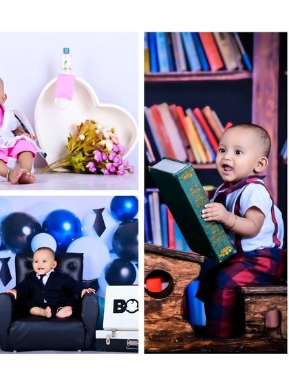 A collage of a baby doctor, a boss baby, and a library theme.