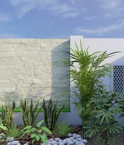 This view from our 3D design highlights the use of Japanese-style window screens on the wall to add an architectural element to the garden space.