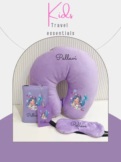 Travel essentials for your little mermaid. This personalised set in a lovely lavender color includes a neck pillow, passport cover, luggage tag, and eye mask.