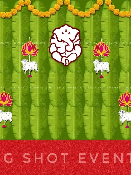This design concept is inspired by South Indian traditions, using a banana leaf print for the backdrop. The mockup includes a Ganesha cutout and hanging lotus and cow elements for an auspicious feel.