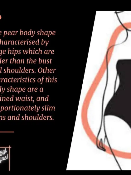 Here, I describe the pear body shape, which is characterized by hips that are wider than the bust and shoulders, along with a defined waist.