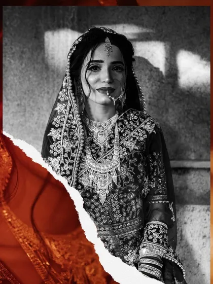 An artistic edit of a bridal portrait, blending black and white with a touch of color for a modern and edgy look.