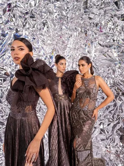 For this campaign with Kalki Fashion, I styled a trio of metallic, structural gowns against a silver foil backdrop. The look is edgy, futuristic, and perfect for a high-glam party theme.