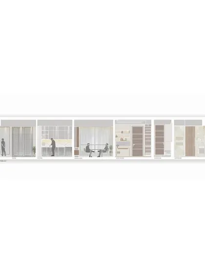 Another sectional drawing for 'Pad By The Bay,' detailing the private spaces like bedrooms and bathrooms. These drawings are the technical foundation upon which the final design is built.