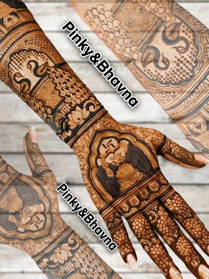 A collage showing the intricate details of a bridal mehndi. This design features a Ganesh figure, peacocks, and a bride portrait.