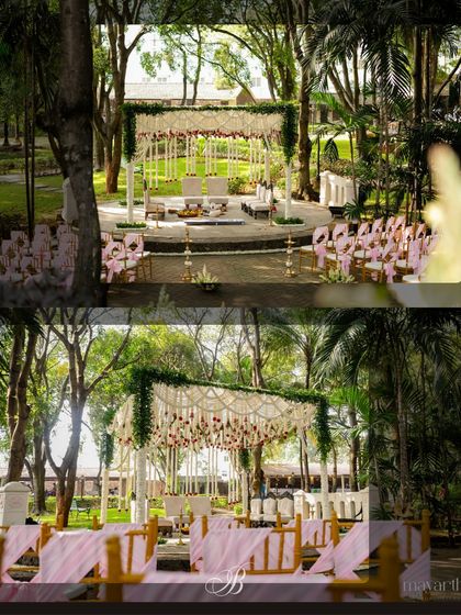 Two perspectives of the wedding mandap, one showing the full setup from a distance and the other a closer view of the guest seating with pink fabric ties, illustrating how details carry through the entire space.