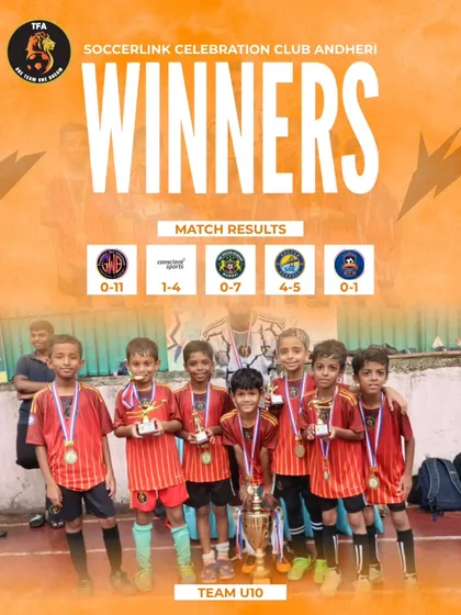 Our U10 warriors after conquering the Soccerlink Celebration Club tournament in Andheri. This picture captures the pride and joy of a well-earned victory.