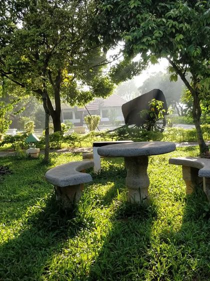 A stone seating area nestled in our garden, bathed in the gentle light of sunrise. It's an ideal spot to start your day with meditation or simply enjoy the peaceful morning atmosphere.