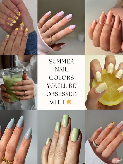 A collage of our favorite summer nail colors. From butter yellow and matcha green to primrose pink and icy blue, we have a shade for every mood.