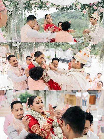 A collage of a playful Bengali wedding ritual, where the bride is lifted by her brothers to exchange garlands with the groom.