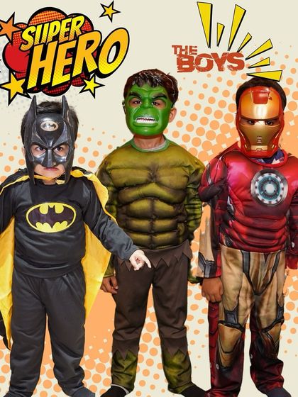 The ultimate superhero squad assembles. Batman, the Hulk, and Iron Man are ready for action, showcasing our popular dress-up options for an epic hero-themed party.