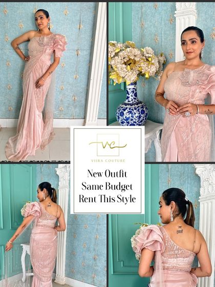 A collage showcasing a beautiful pink draped saree gown. This modern silhouette is perfect for a cocktail party or reception.
