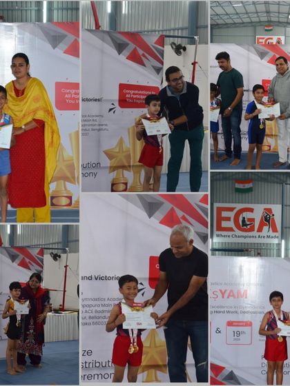 More moments of triumph from various competitions, showcasing our gymnasts with their medals, trophies, and proud coaches.