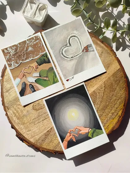 A trio of Valentine's polaroids showing different ways to paint love. From hands making hearts on the beach to a heart drawn in the snow, these capture romantic moments in nature.