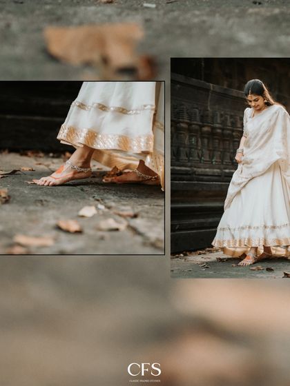 A detail-oriented collage focusing on the bride-to-be's feet and the hem of her lehenga, highlighting the beauty in the small things.