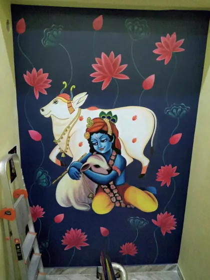 This Krishna mural was a piece of devotion for me. Painting for a mandir or temple space is a blessing. I used a traditional Pichwai style to depict Krishna with his beloved cow, surrounded by lotuses, creating a serene and spiritual atmosphere. ❤️