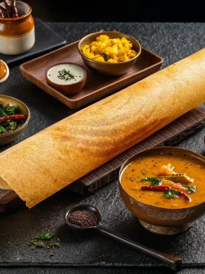 A classic South Indian Masala Dosa, shot for Jain Sweets. I focused on the crispy texture of the dosa and the vibrant colors of the accompanying sambar and chutneys, creating a wholesome and traditional food portrait.