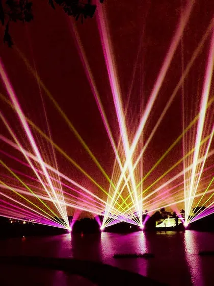 We executed this high-powered laser projection for the Bengaluru Lake Festival, a premier outdoor event. The display featured multi-color beams projected across the water, demonstrating our capability to deliver large-scale outdoor laser light shows that captivate thousands.