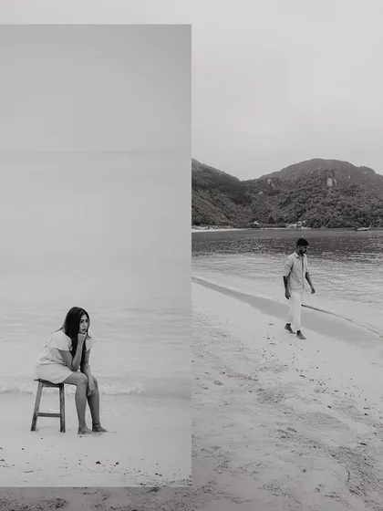 More artistic black and white shots from their Thailand beach session. The use of negative space and unconventional framing creates a modern and editorial feel.