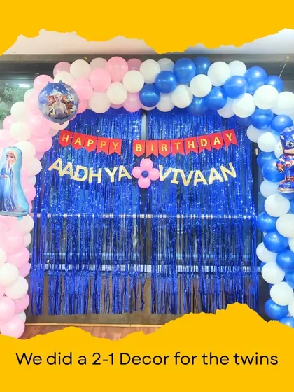 Planning a party for siblings with different tastes? We love that challenge! For twins Aadya and Vivaan, we created a magical 2-in-1 decor theme, blending the worlds of Frozen and Captain America so each birthday star felt celebrated.