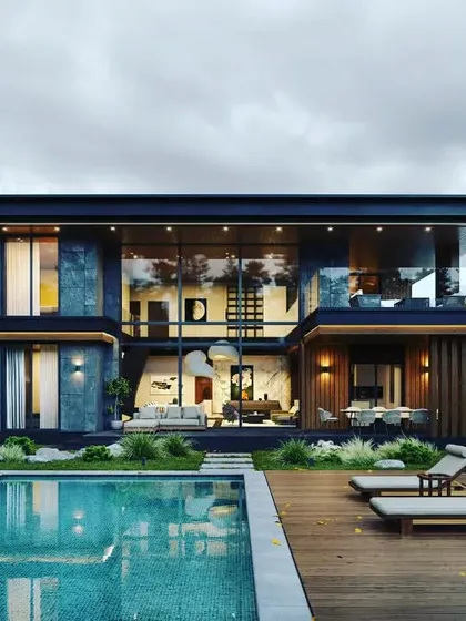 This 3D architectural render showcases a modern luxury villa designed with seamless indoor-outdoor living in mind. The design features large glass walls for natural light, a private pool, and a focus on clean lines and natural materials, representing our vision for high end residential architecture.