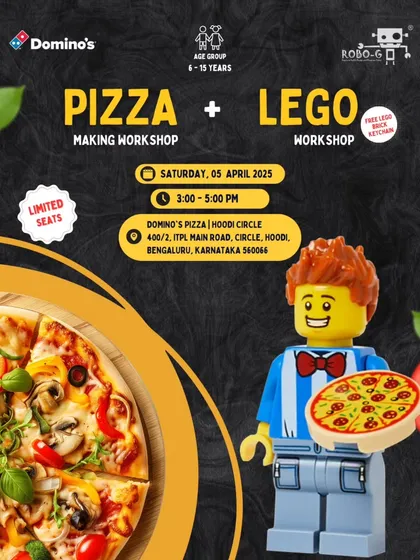 Our promotional flyer for the Pizza and LEGO workshop in collaboration with Domino's, a perfect blend of play, learning, and a yummy reward for kids aged 6-15.