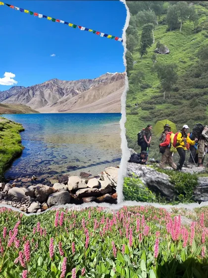 A visual blend of the lush greenery of Kullu and the stunning blue of Chandratal lake in Spiti.