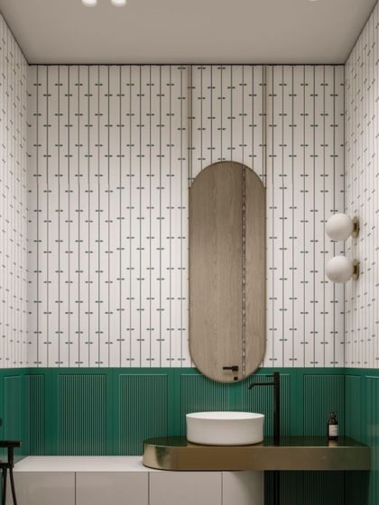 A bathroom featuring minimalist patterned wall tiles paired with a vibrant green fluted panel. This shows how our tiles can be combined with other surfaces for a unique design.