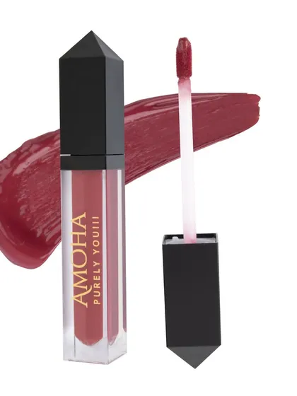 A liquid lipstick with its applicator and a rich color swatch, providing a complete and informative product view for online stores.