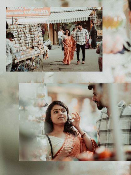A dreamy, layered collage that captures the feeling of a shared glance in a busy market, focusing on the couple's connection amidst the crowd.