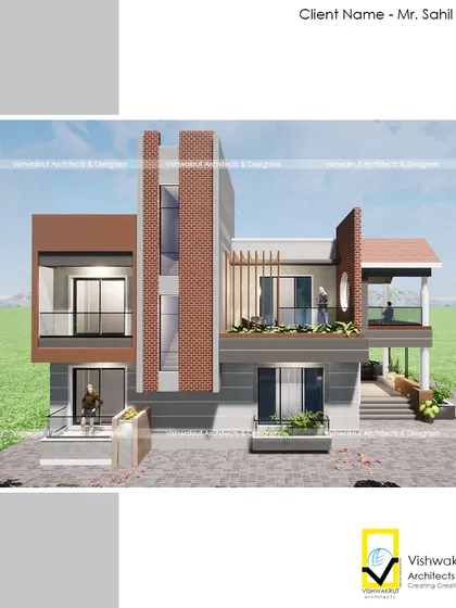 A render of 'Kadam's House' showing a different facade treatment. This is an example of how we explore multiple options with clients to find the perfect look for their home.