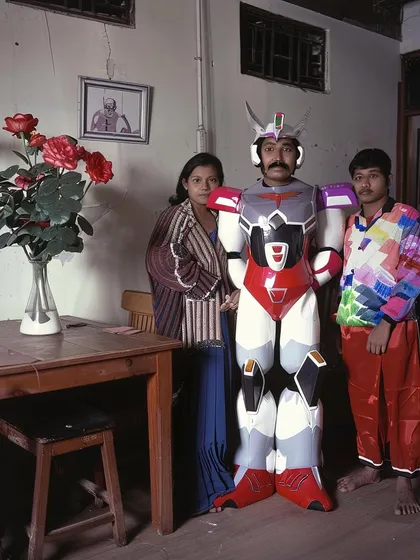 A family portrait featuring a father in a Voltron-like mech suit. The 'Deception ‘97' series is a nostalgic and surreal look at 90s culture and family life.
