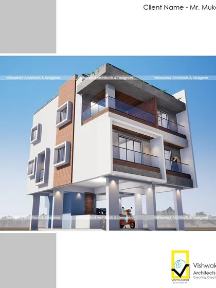 An alternate angle of the stilt 4BHK house in Uran, showing how the building's massing appears from the side and rear.