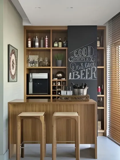 A casual, cafe-style bar perfect for a relaxed atmosphere. The design features extensive wooden shelving, a chalkboard for menus or notes, and a simple bar counter with matching wooden stools.
